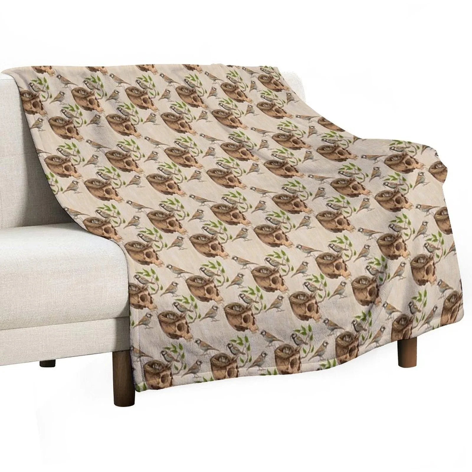 Black And White Illustration of Birds Making A Nest in Animal Skull Throw Blanket