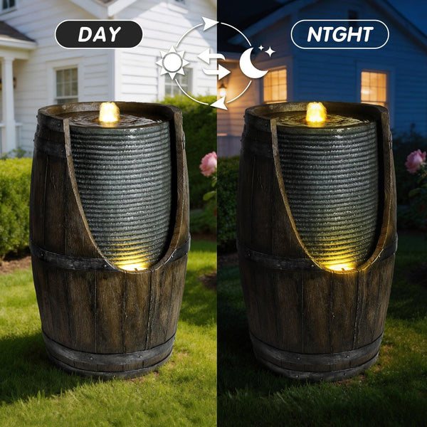 Resin Rustic Barrel Outdoor Water Fountain 24 Inch LED