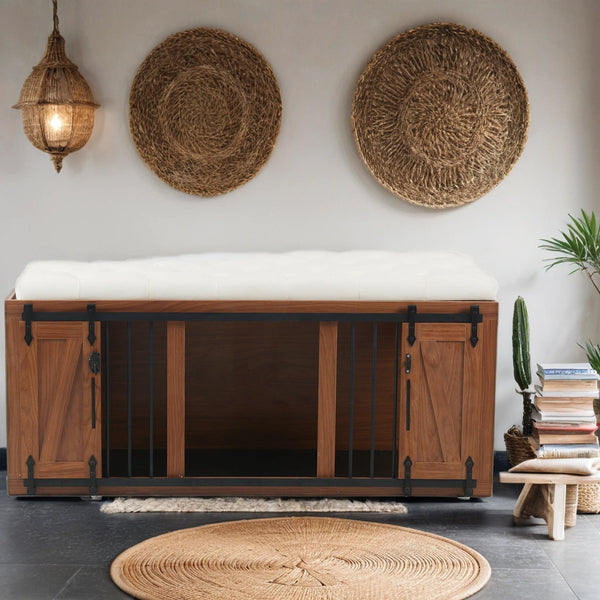 56'L, Furniture Style 2 in 1 Dog Crate with Padded Seat, Sliding Barn Door, Luxury Wooden Dog Kennel, End of Bed Bench Ottoman with Removable Cushion for Bedroom, Living Room, Walnut