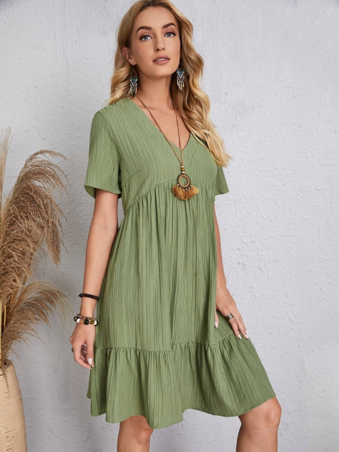 Classic Full Size V-Neck Short Sleeve Dress Casual & Comfortable Dress for Women