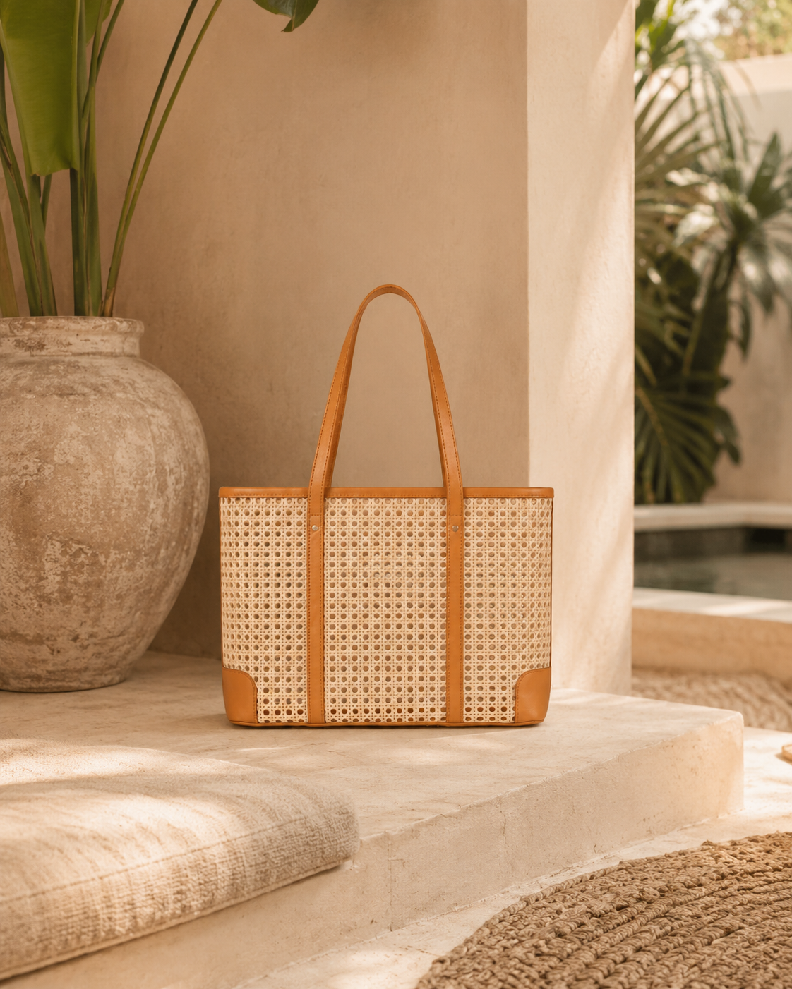 Dian Leather and Rattan Tote Bag