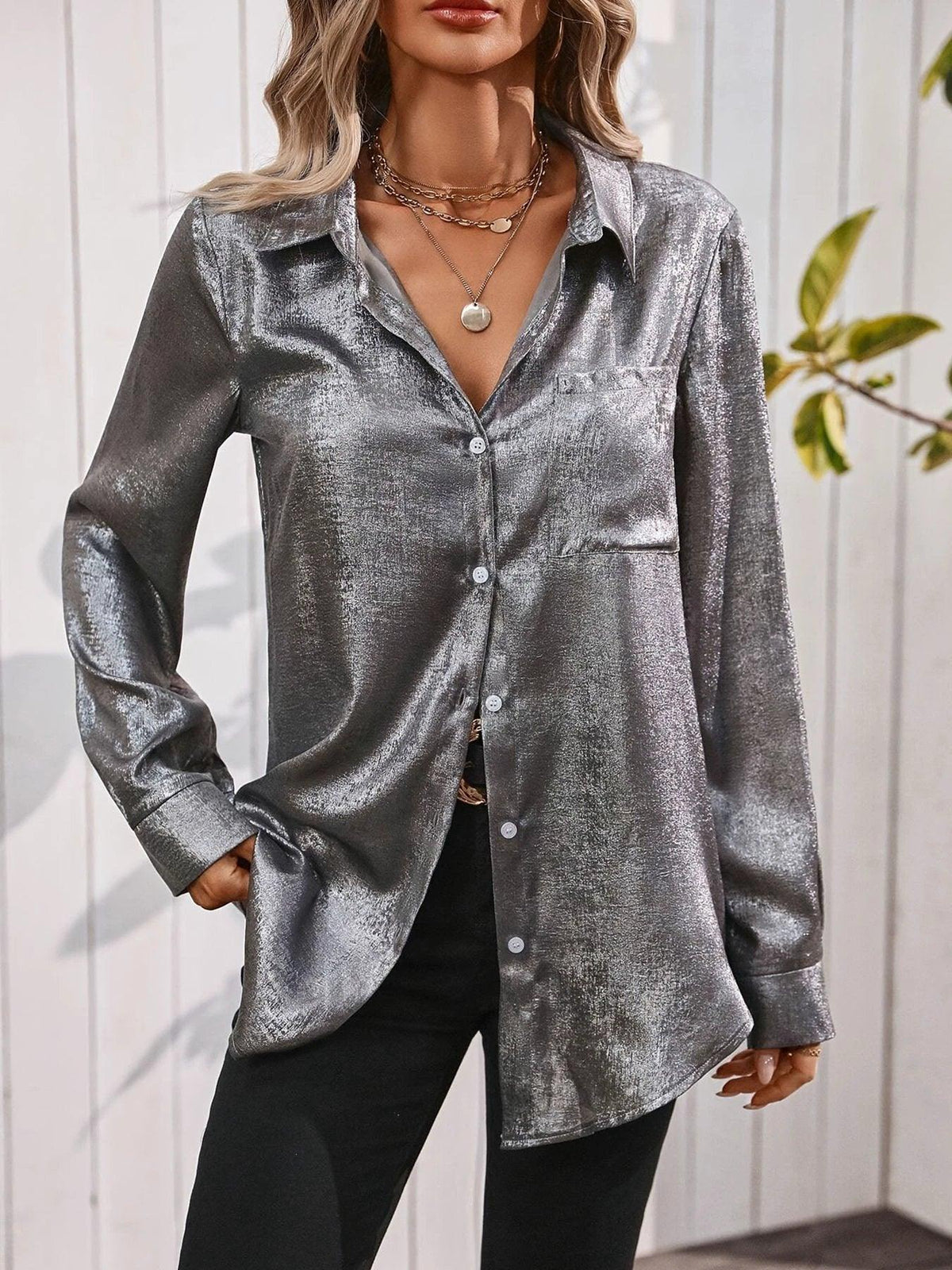 Satin Minimalist Long Sleeved V-Neck Button Pocket Daily Shirt - Women's Casual Top