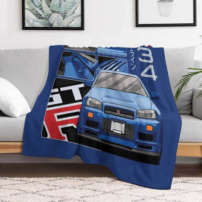 Skyline GTR R34 Blue Drawing Vector Travel-friendly Throw Blanket