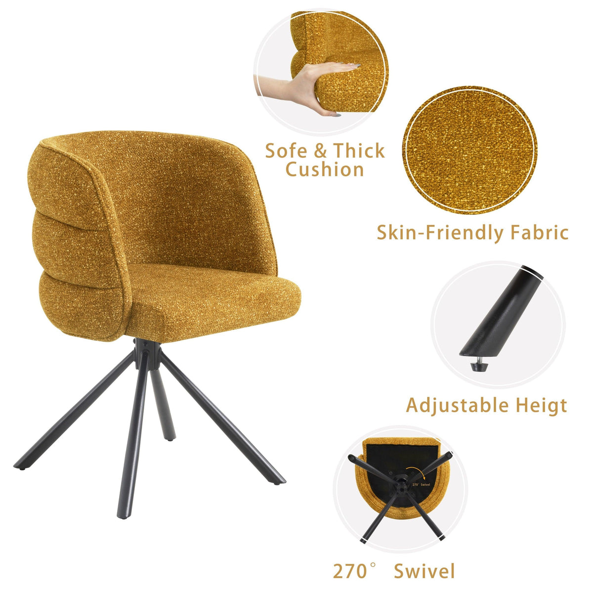 Modern 270° Swivel Upholstered Desk Chairs Set of 2 in Orange, Chenille Fabric with Metal Base for Home Office, Bedroom, Or Living Room