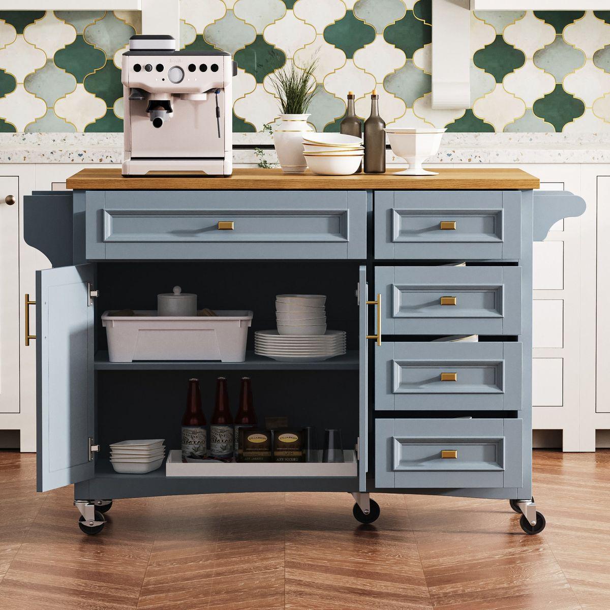 K&K 52'' Kitchen Island with Drop Leaf, Embossed Texture Kitchen Island on Wheels with Spice Rack, Towel Rack, 2 Doors and 5 Drawers, Kitchen Storage Cart with Adjustable Shelf for Kitchen, Blue Grey