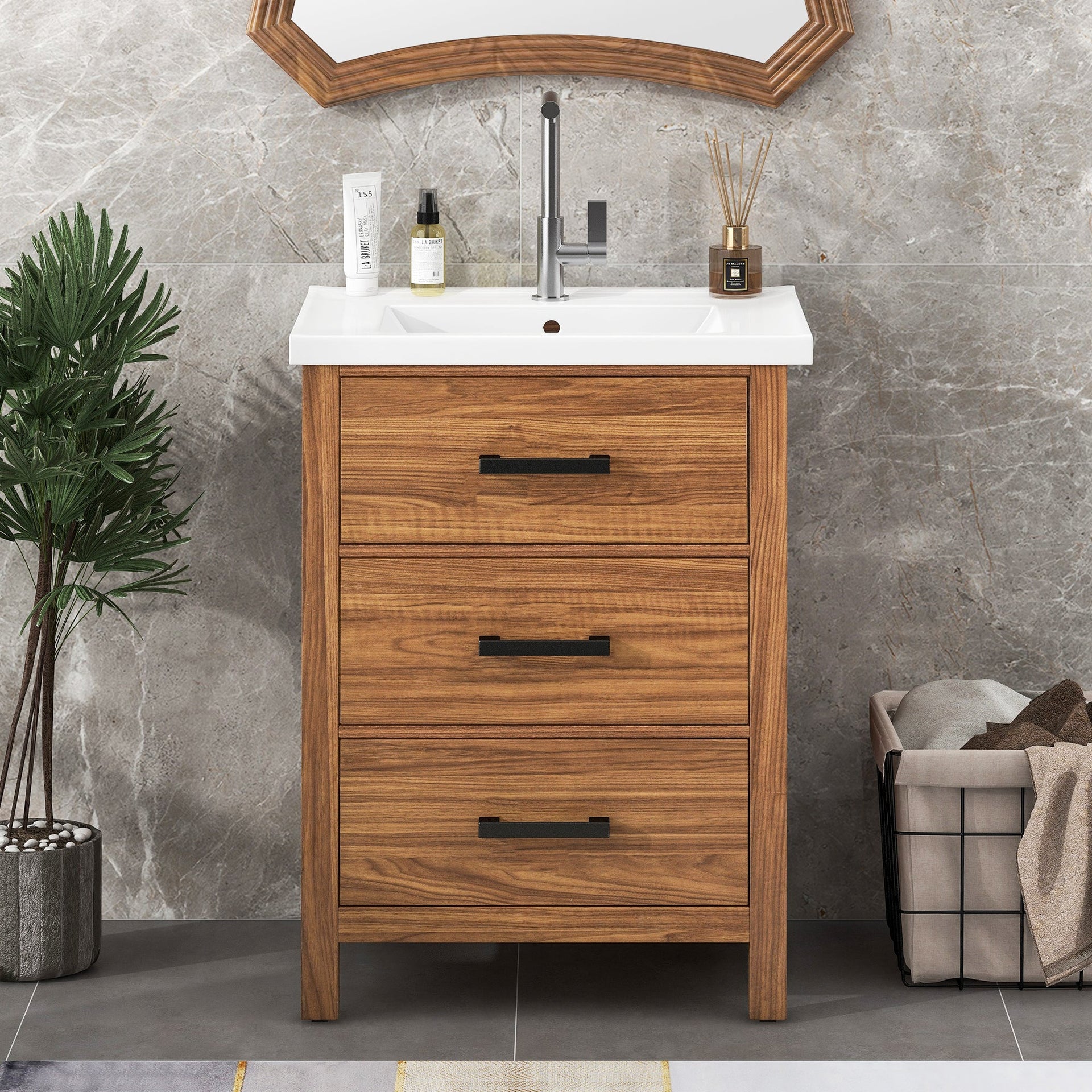 24'' Bathroom Vanity with Ceramic Basin Sink, Modern Bathroom Storage Cabinet with 3 Drawers, Freestanding Bathroom Vanity Cabinet with Single Sink (Same as SW000108AAP)