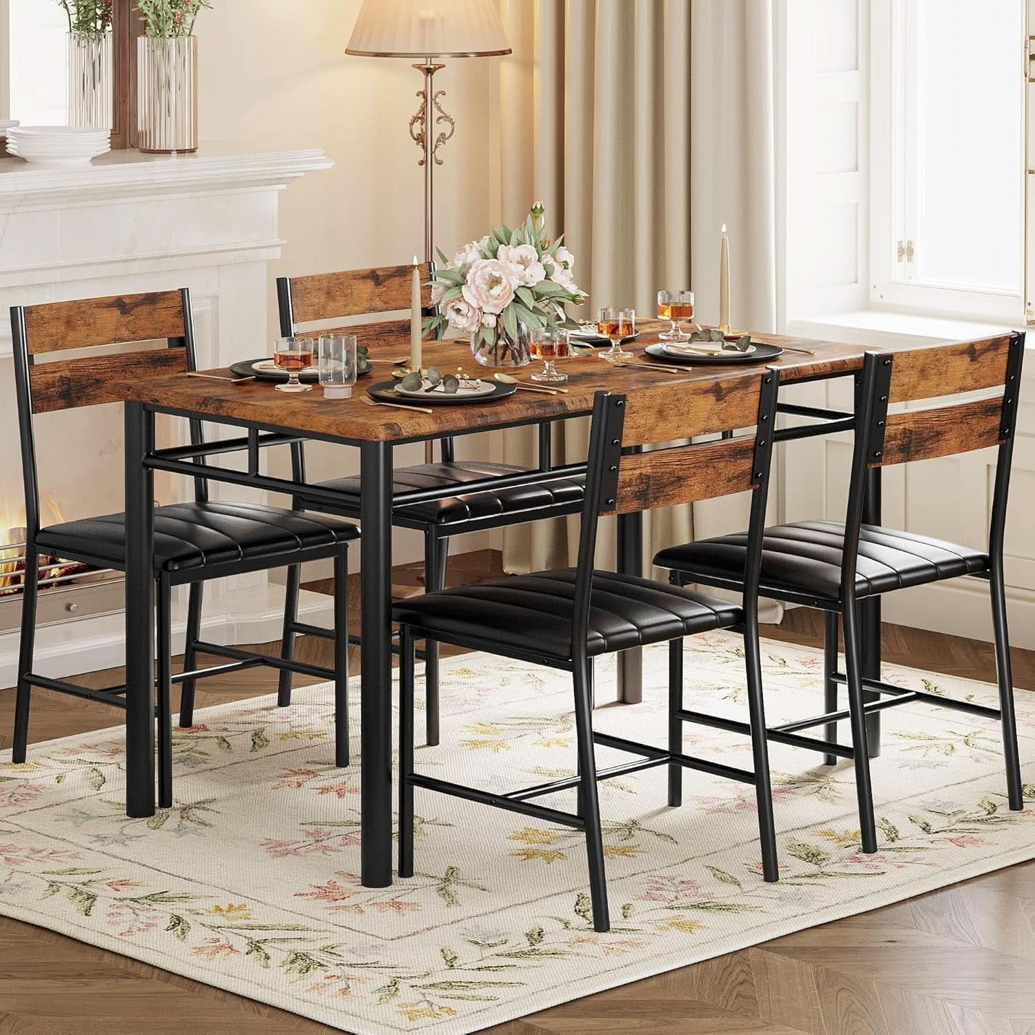 Dining Table Set For 4 Wood Kitchen Table With Upholstered Chairs Rustic Brown