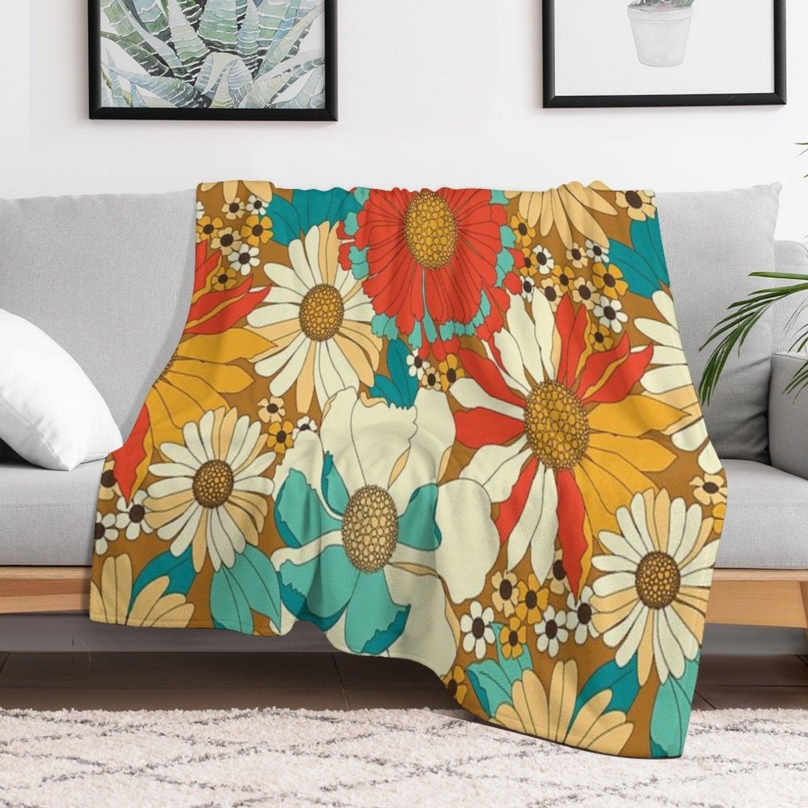 Red, Orange, Turquoise & Brown Retro Floral Pattern Throw Blanket