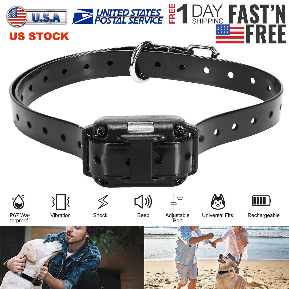 Dog Training Collar Receiver IP67 Waterproof Dog Bark Shock Collar Accessories Adjustable Belt Rechargeable Without Remote Controller