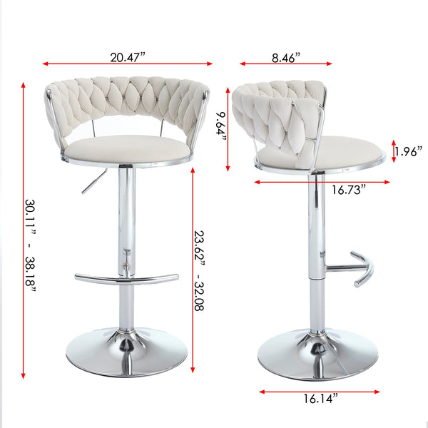 Set of 2 Bar Stools with Chrome Footrest & Base Swivel Height Adjustable Velvet