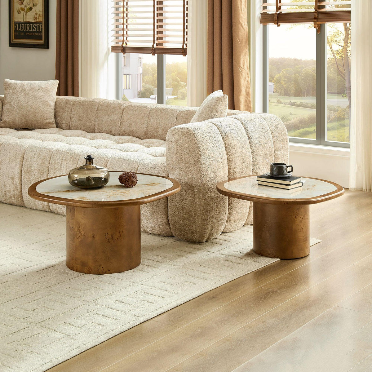 Set of 2 Walnut Burl Wood Nesting Coffee Table Set with Sintered Stone Top