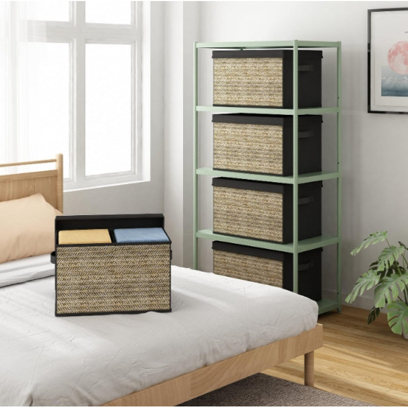 4pcs Green Rattan Rectangular Storage Bins With Handles, Collapsible Fabric Cube Organizers, Multipurpose Lidded Containers For Toys, Clothes - Non-Waterproof, Box, Cabinet, Rack For Outdoor Storage