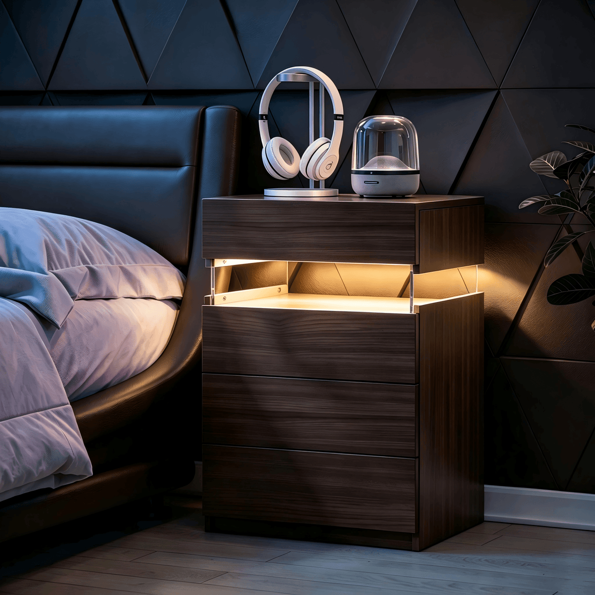 Nightstand with LED Lights and 4 Drawers