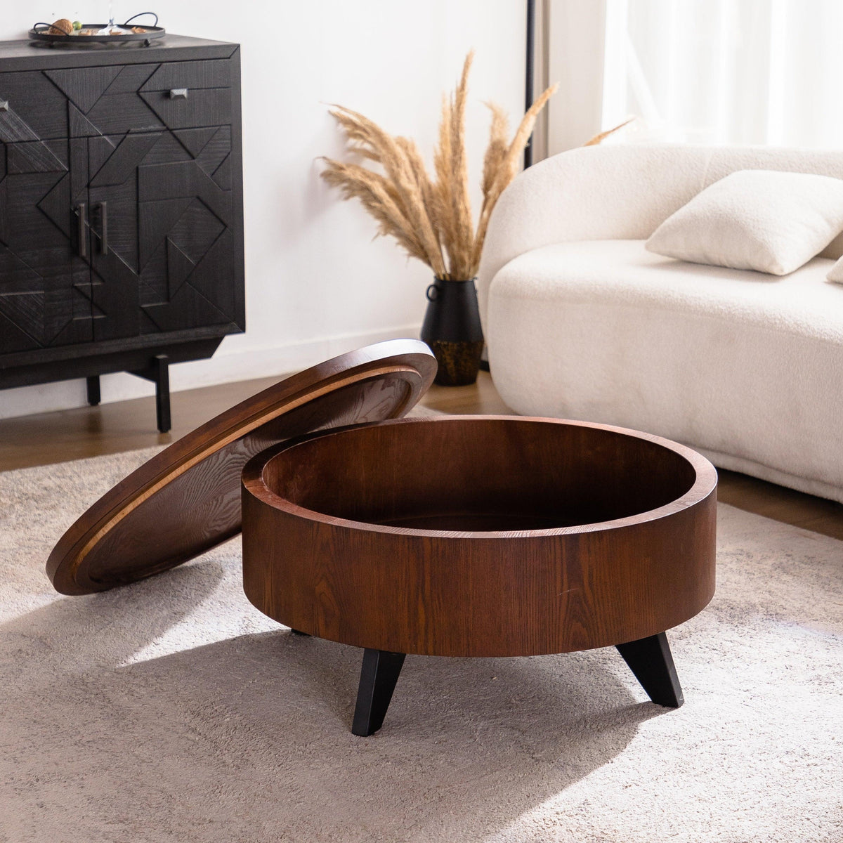 Mid-Century Modern Flip-Top Round Walnut Coffee Table with Hidden Storage