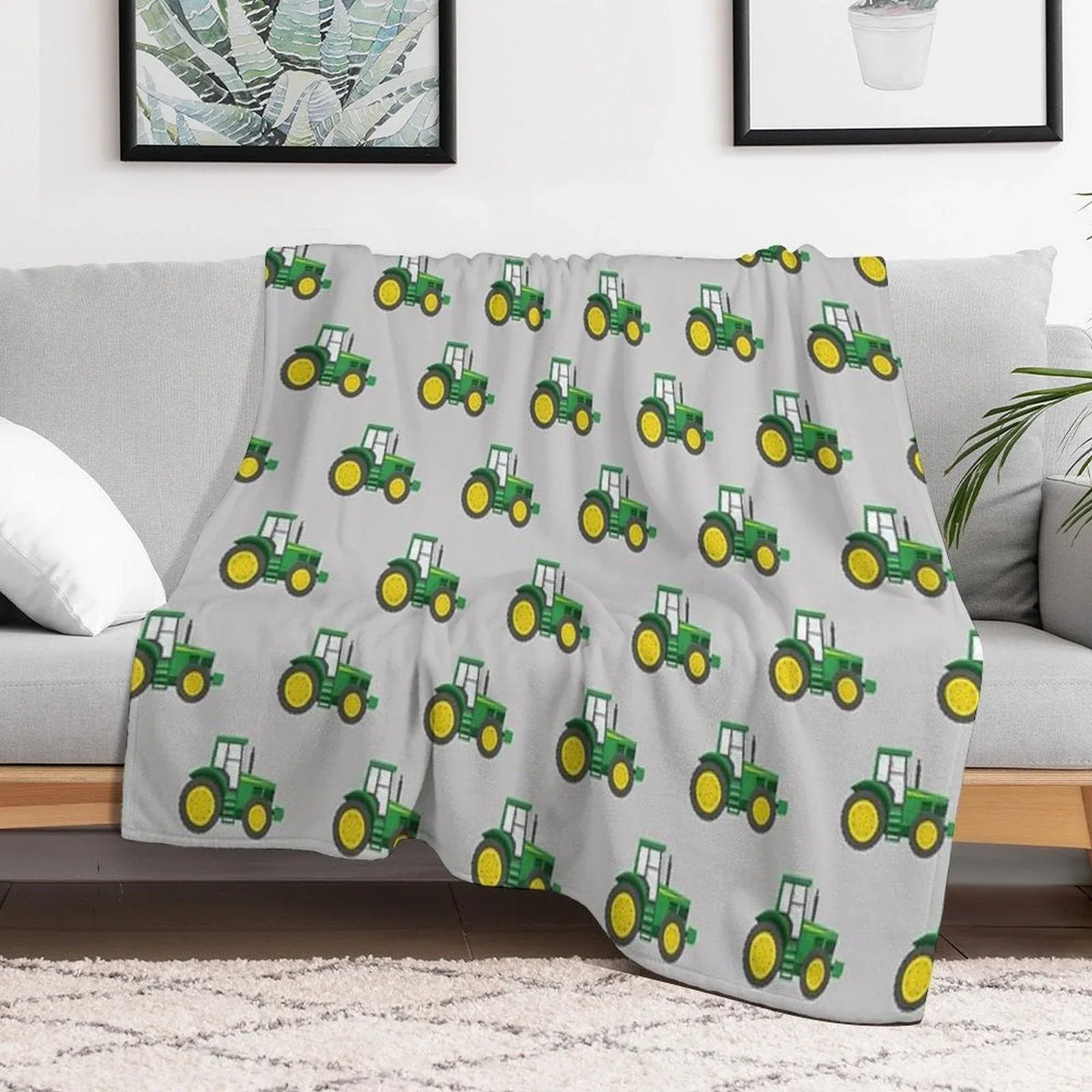 Green Tractors on Grey - Farming - Farm Themed Throw Blanket