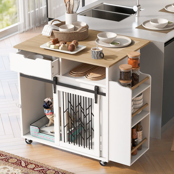 Modern Style 2-in-1 Pet Friendly Dog Crate Kitchen Island End Table Natural White MDF Metal Pine