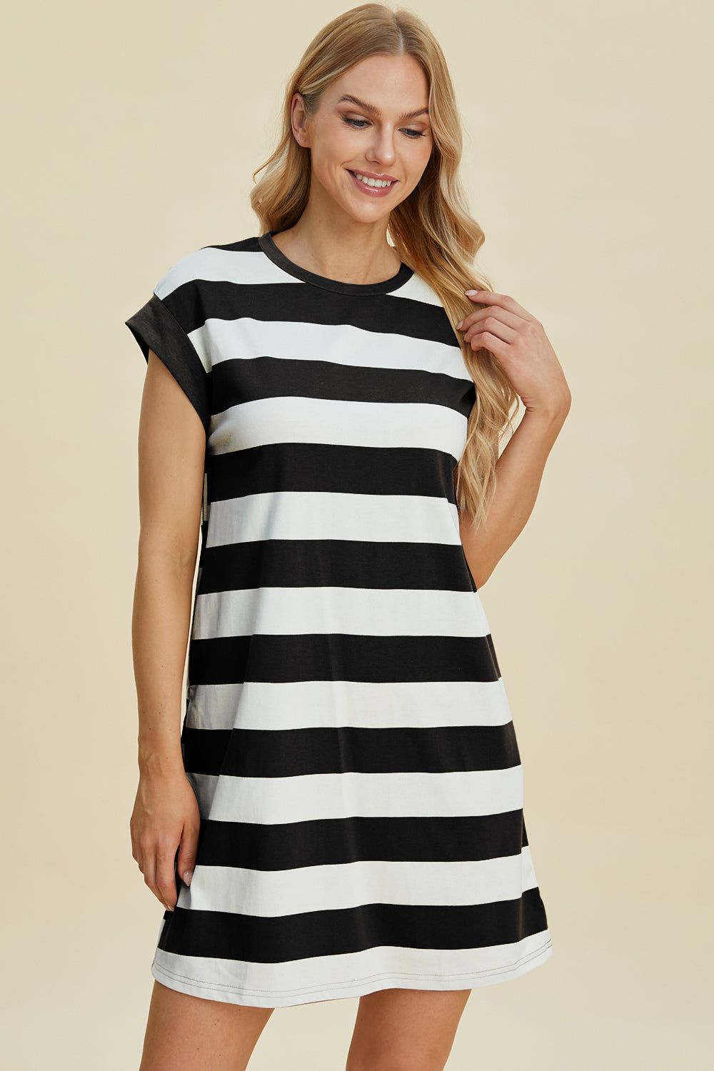 Full Size Striped Round Neck Cap Sleeve Mini Dress For Women – Striped Mini Dress, Full-Size Round Neck Dress, Comfortable Cap Sleeve Dress, Chic Striped Dress, Flattering Mini Dress, Casual Everyday Dress, Versatile Striped Dress