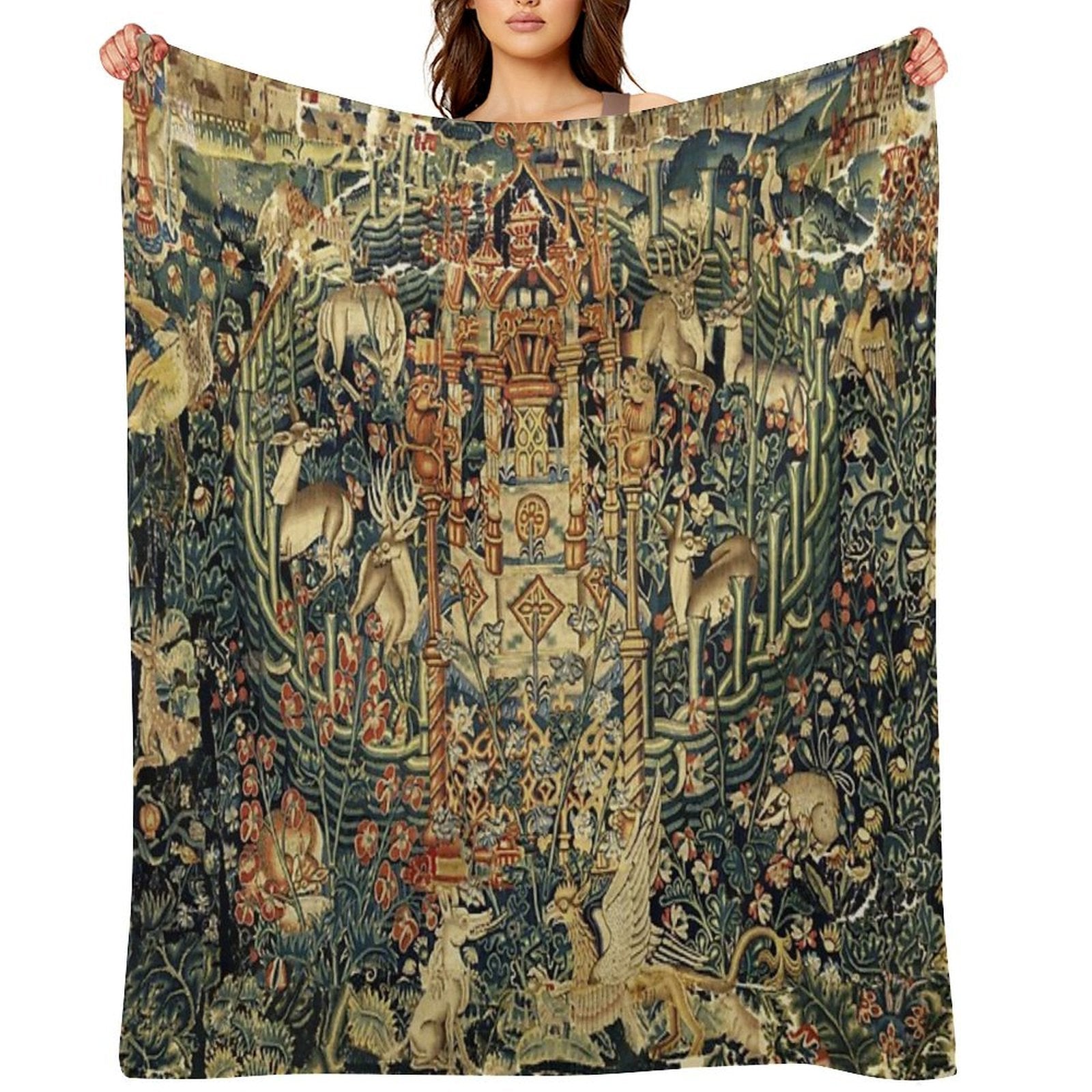 SOURCE OF LIFE Verdure with Forest Animals in Private Garden, Floral Medieval Tapesty Shrink-resistant Throw Blanket