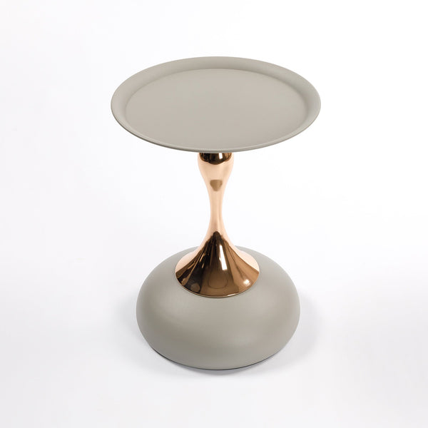Modern Mermaid Tail End Coffee Table featuring a round gray top and sculptural rose gold pedestal, perfect for accenting living room decor.
