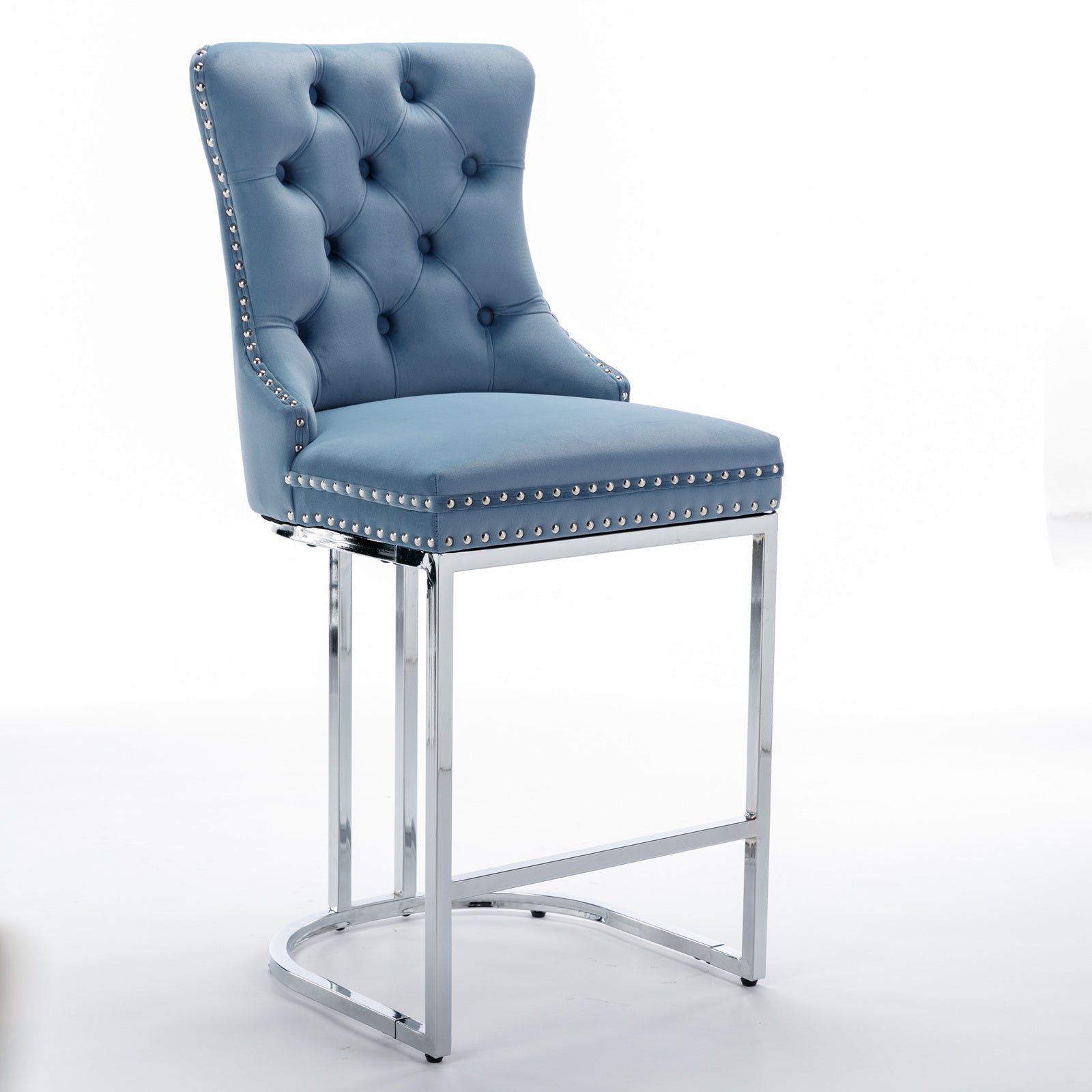 Set of 2 Light Blue Velvet Wing‑Back Bar Stool Set
