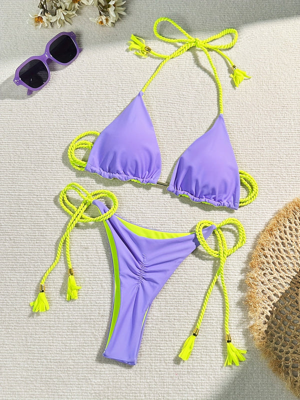 New Festival Flame Halter Bikini Set for Women – Triangle V-Neck Backless Two-Piece Swimsuit with Tie Side Bottoms & Adjustable Lace-Up Fit – Sleek Polyamide Swimwear for Koningsdag/King’s Day & Summer Beach Celebrations