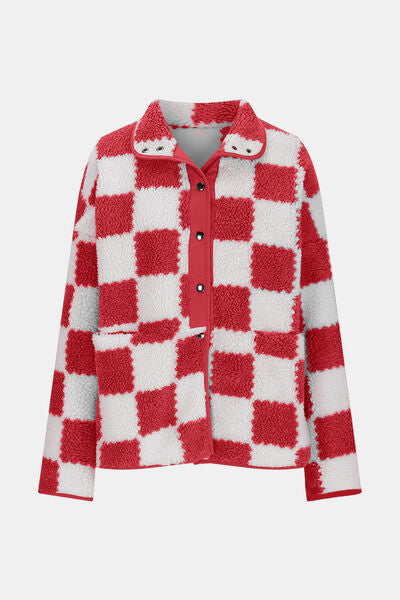 Elegant Checkered Snap Down Long Sleeve Teddy Jacket Soft & Warm Colorful Jacket