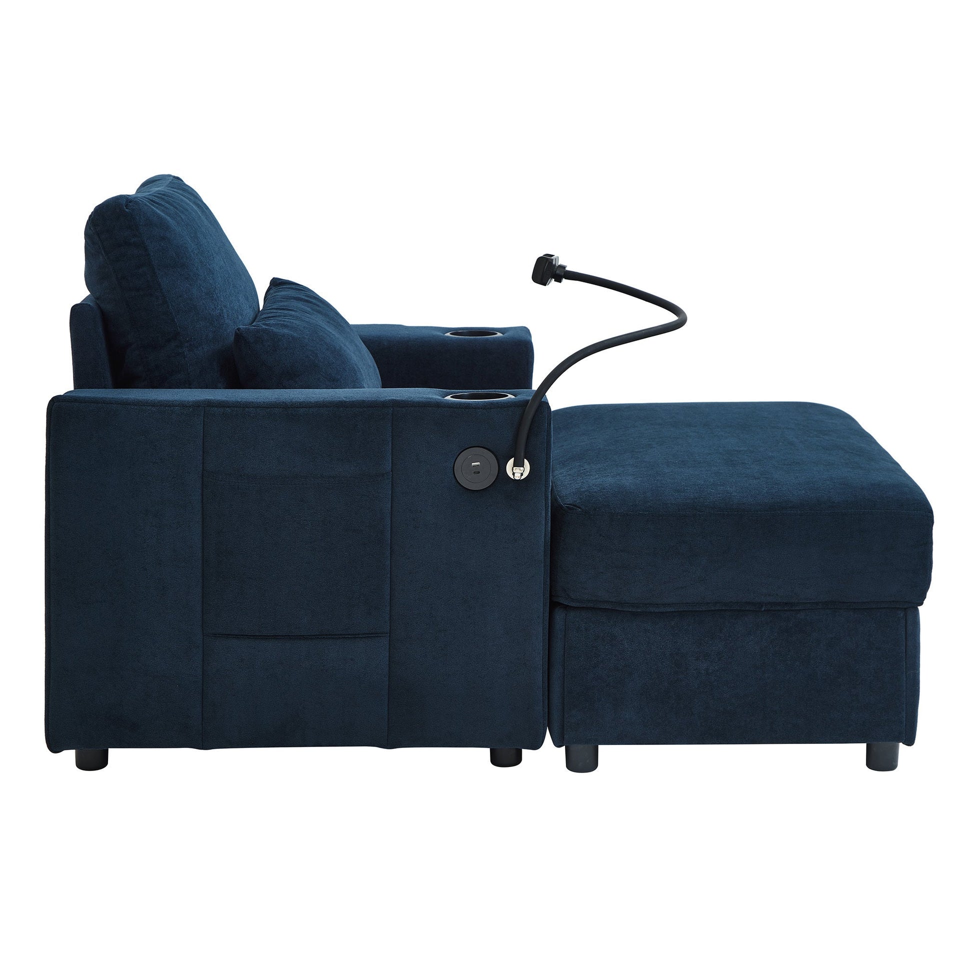 Modern Style Armchair Chaise Lounge  with Movable Storage Ottoman, USB Ports, and Cup Holders