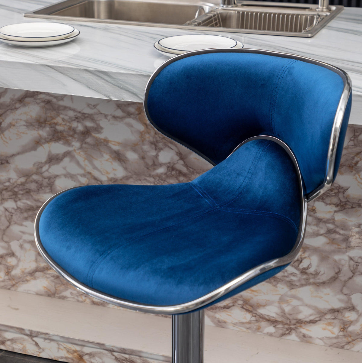 Blue Velvet Adjustable Swivel Bar Stools with Chrome Base & Footrest – Set of 2