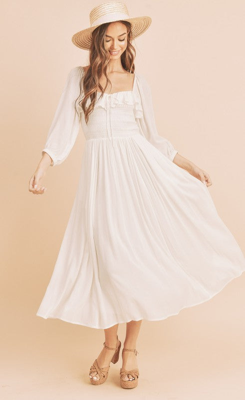 New Summer Ruffled Smocked Square Neck Balloon Sleeve Comfortable Dress – Feminine, Chic, and Elegant for Any Occasion