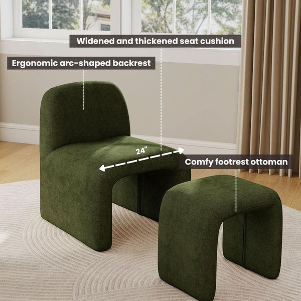 Green Chenille Upholstered Accent Chair With Ottoman