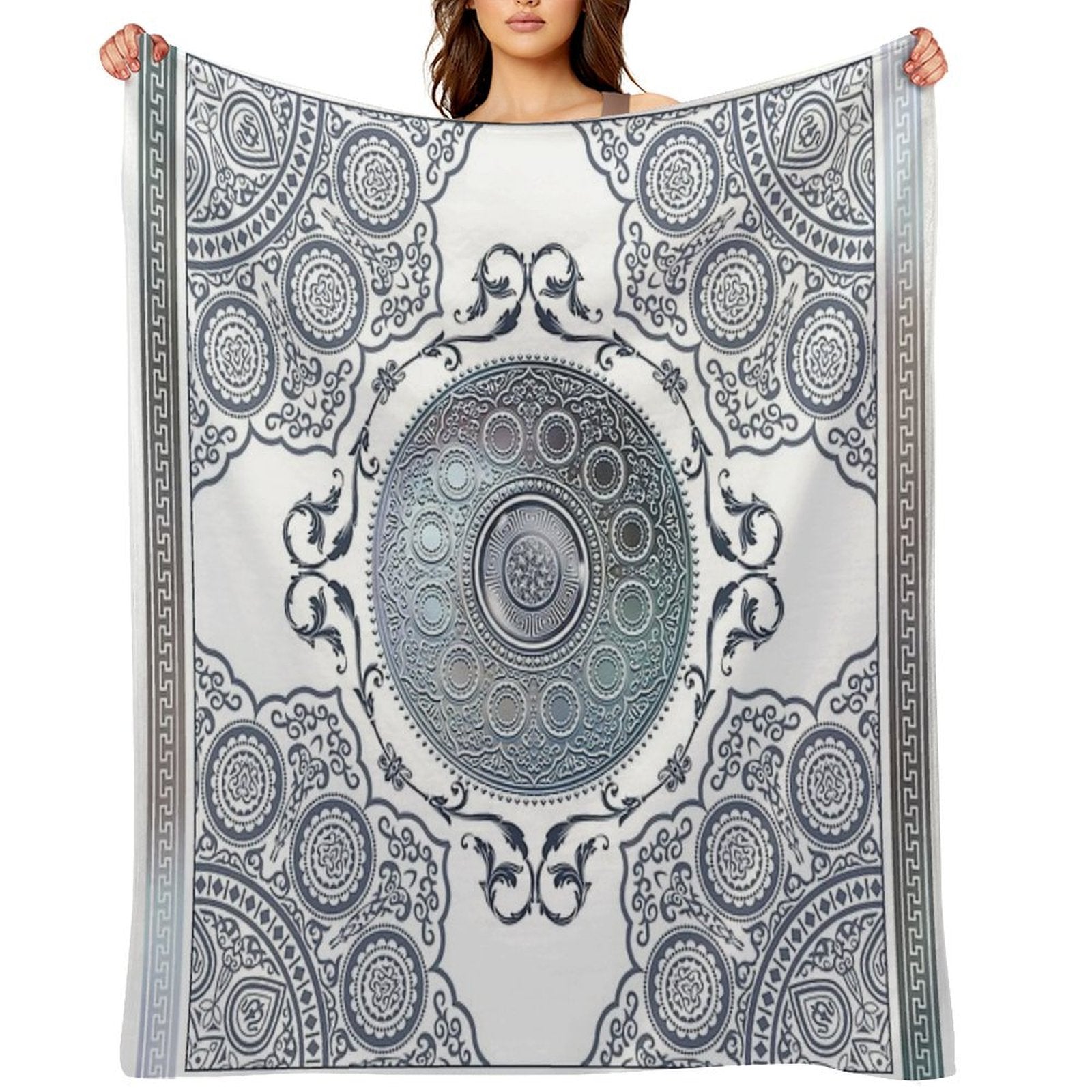 Ornate Baroque Metallic Blue Greek Meander Quick-dry Throw Blanket