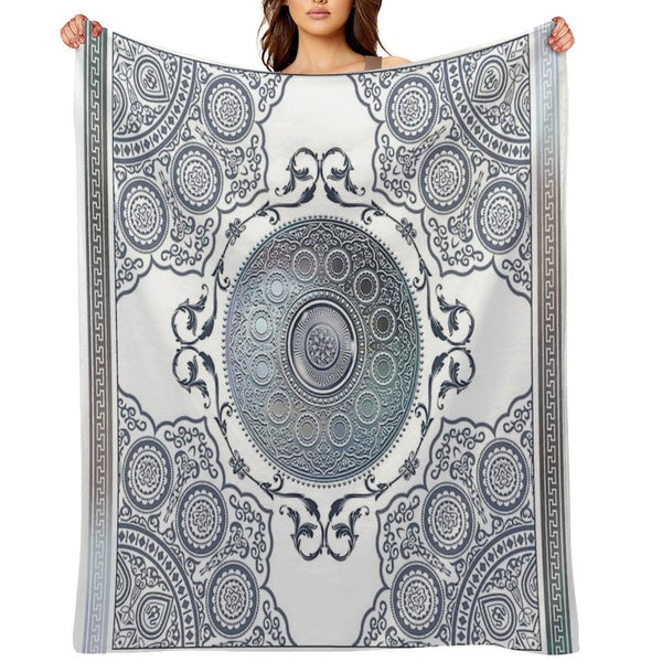 Ornate Baroque Metallic Blue Greek Meander Quick-dry Throw Blanket