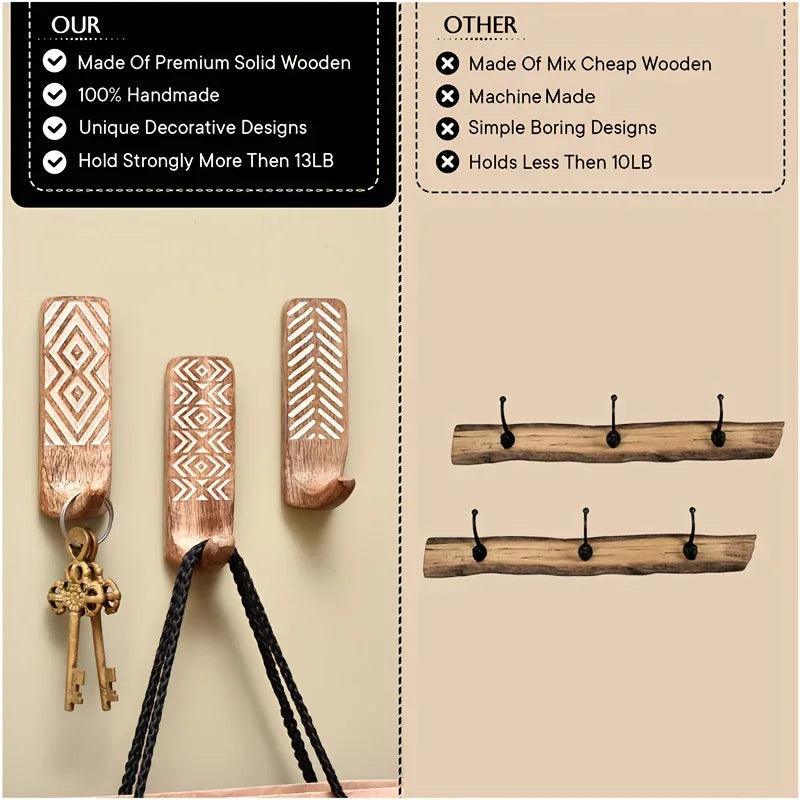 3pcs Boho Wooden Wall Hooks Set, Rust Resistant, Easy Install Adhesive, Perfect for Bathroom & Home Decor, Convenient Hanging for Clothes, Hats, Towels, Utility Hooks