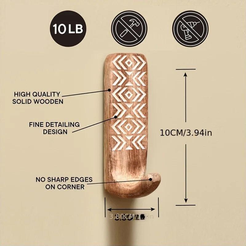 3pcs Boho Wooden Wall Hooks Set, Rust Resistant, Easy Install Adhesive, Perfect for Bathroom & Home Decor, Convenient Hanging for Clothes, Hats, Towels, Utility Hooks