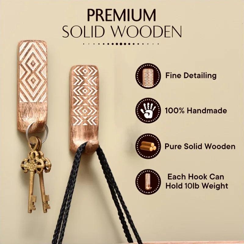 3pcs Boho Wooden Wall Hooks Set, Rust Resistant, Easy Install Adhesive, Perfect for Bathroom & Home Decor, Convenient Hanging for Clothes, Hats, Towels, Utility Hooks