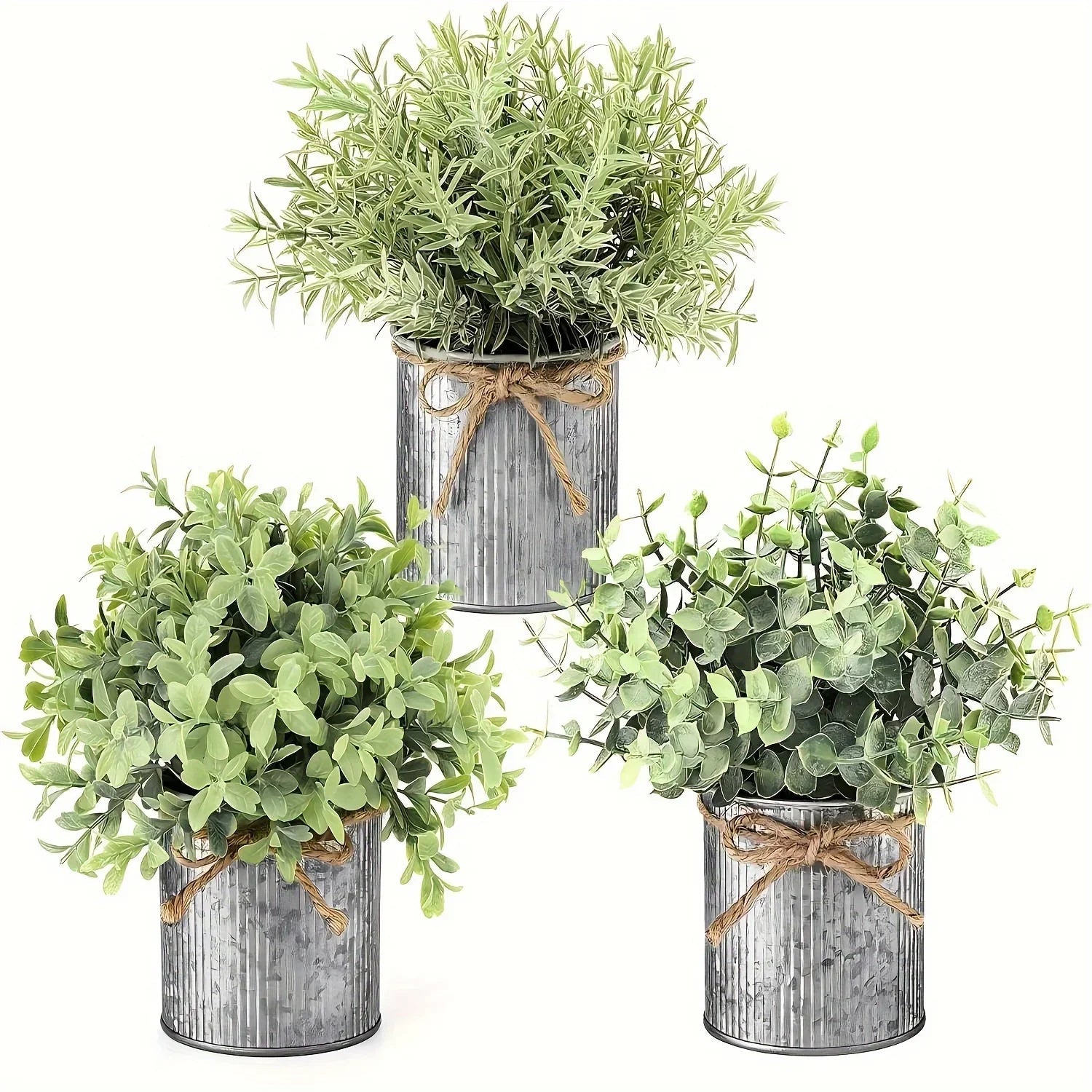 3pcs potted artificial eucalyptus tree, galvanized flower pot desktop center decoration suitable for shelves, offices, rural home decoration