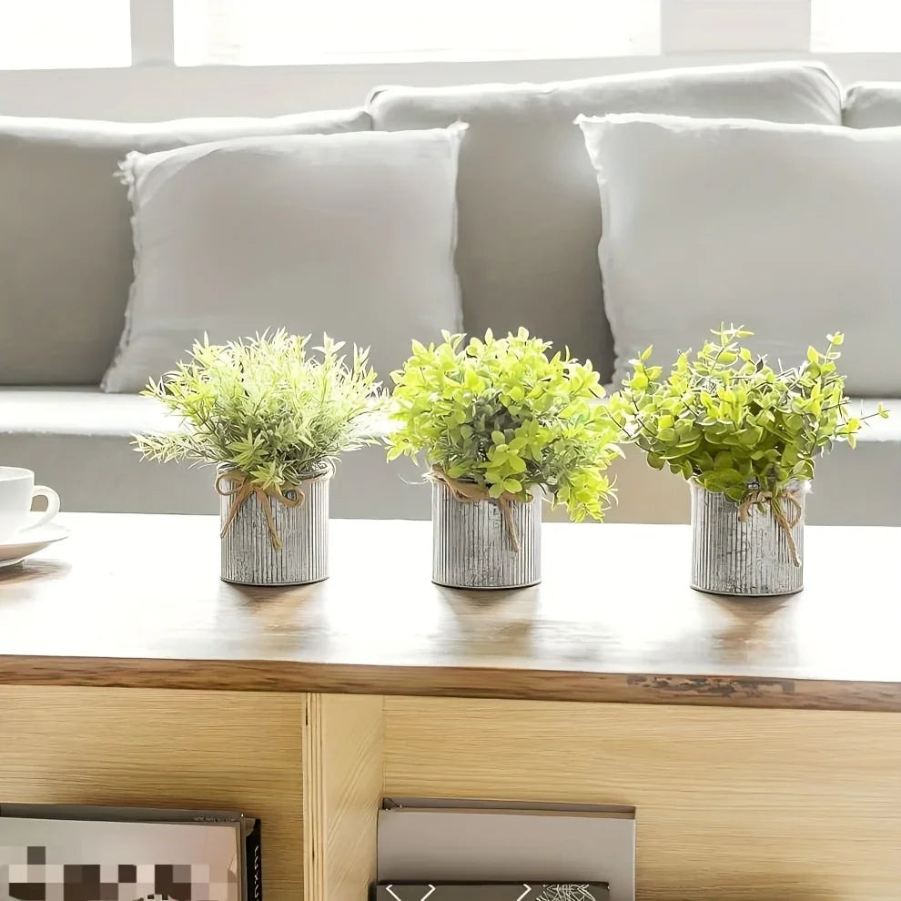3pcs potted artificial eucalyptus tree, galvanized flower pot desktop center decoration suitable for shelves, offices, rural home decoration