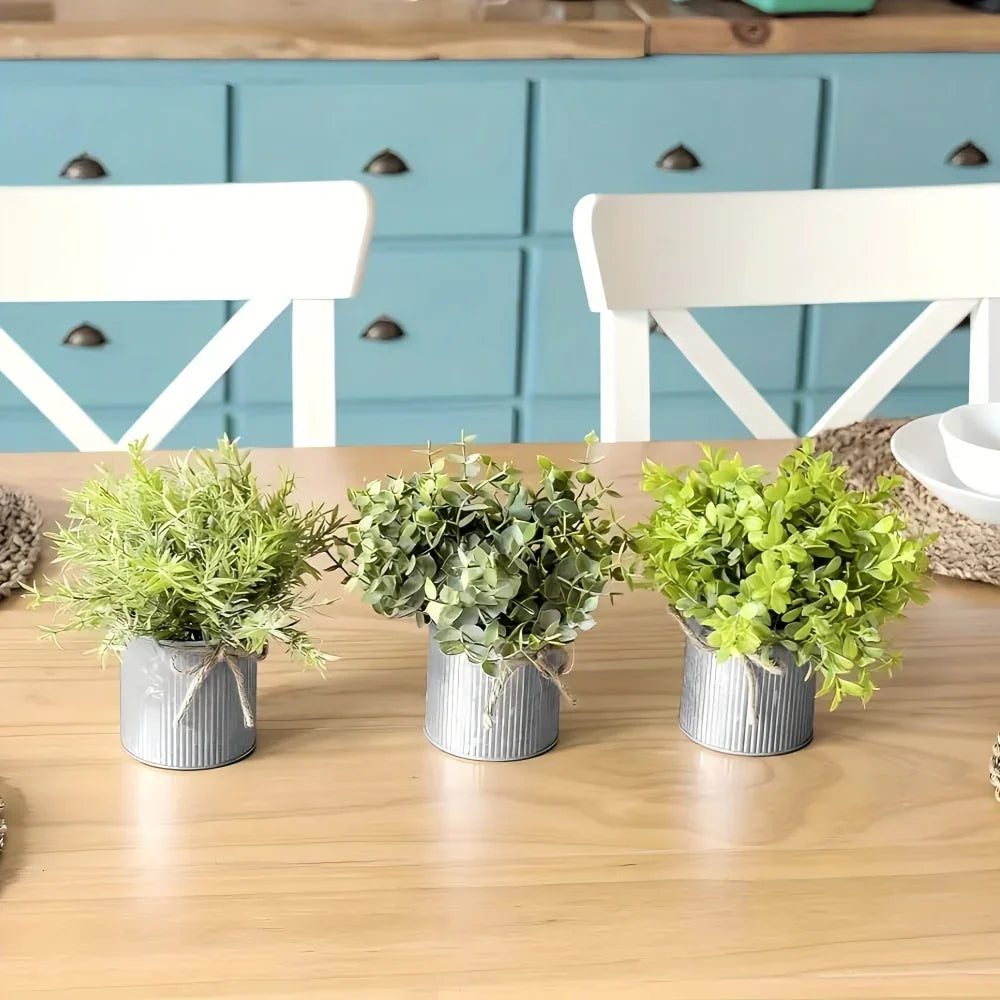 3pcs potted artificial eucalyptus tree, galvanized flower pot desktop center decoration suitable for shelves, offices, rural home decoration