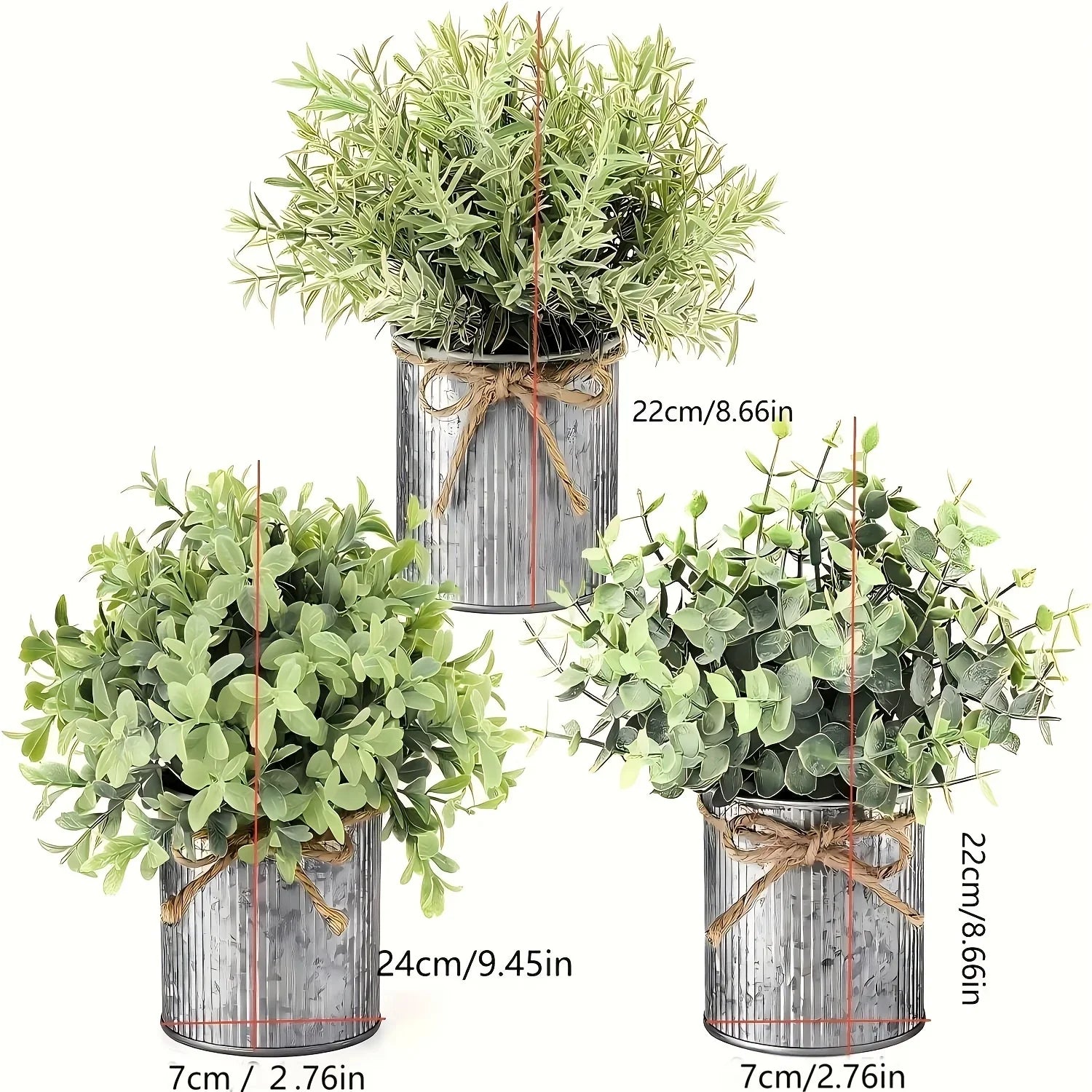 3pcs potted artificial eucalyptus tree, galvanized flower pot desktop center decoration suitable for shelves, offices, rural home decoration