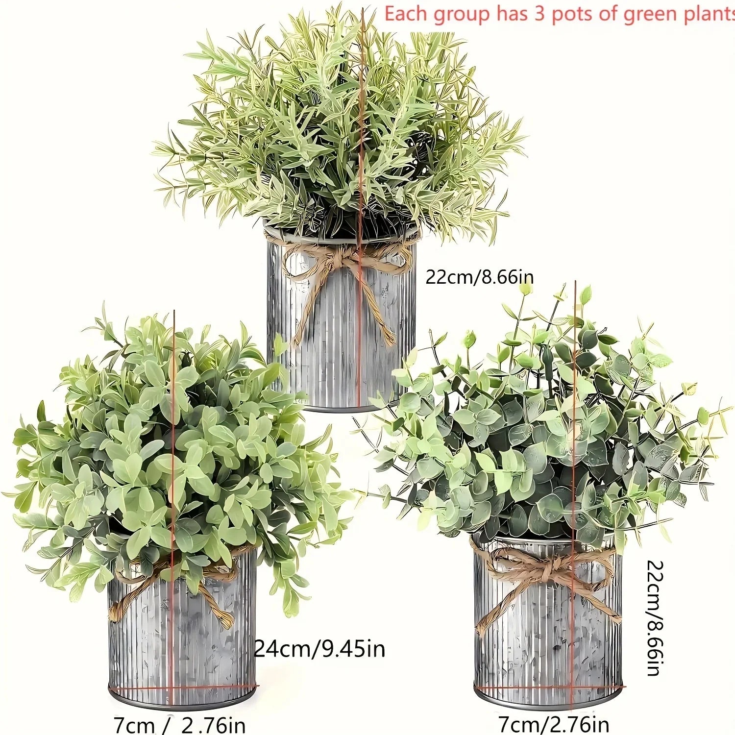 3pcs potted artificial eucalyptus tree, galvanized flower pot desktop center decoration suitable for shelves, offices, rural home decoration