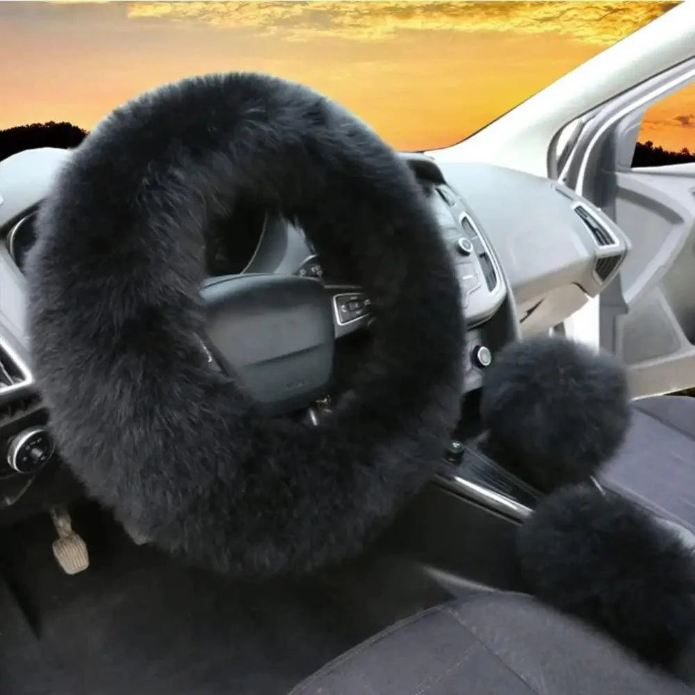 3Pcs Set Winter Fashion Wool Fur Soft Furry Car Steering Wheel Covers 16 Colors Winter Universal Hand Brake Gear Cover  Car Accessories