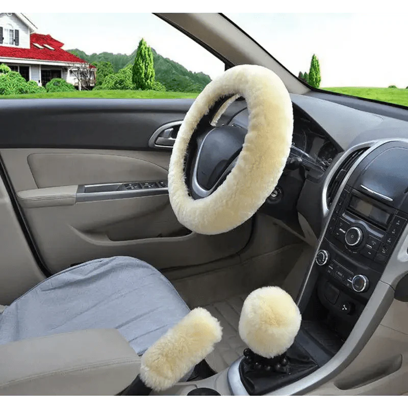 3Pcs Set Winter Fashion Wool Fur Soft Furry Car Steering Wheel Covers 16 Colors Winter Universal Hand Brake Gear Cover  Car Accessories