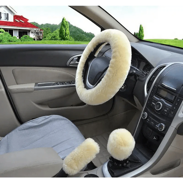 3Pcs Set Winter Fashion Wool Fur Soft Furry Car Steering Wheel Covers 16 Colors Winter Universal Hand Brake Gear Cover  Car Accessories