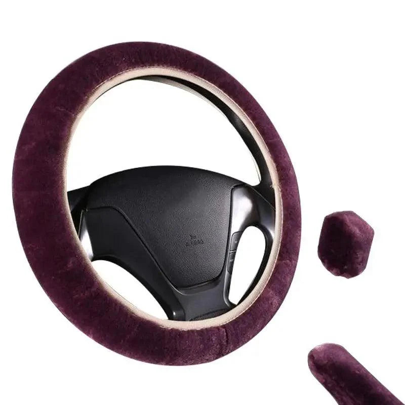 3Pcs Set Winter Fashion Wool Fur Soft Furry Car Steering Wheel Covers 16 Colors Winter Universal Hand Brake Gear Cover  Car Accessories