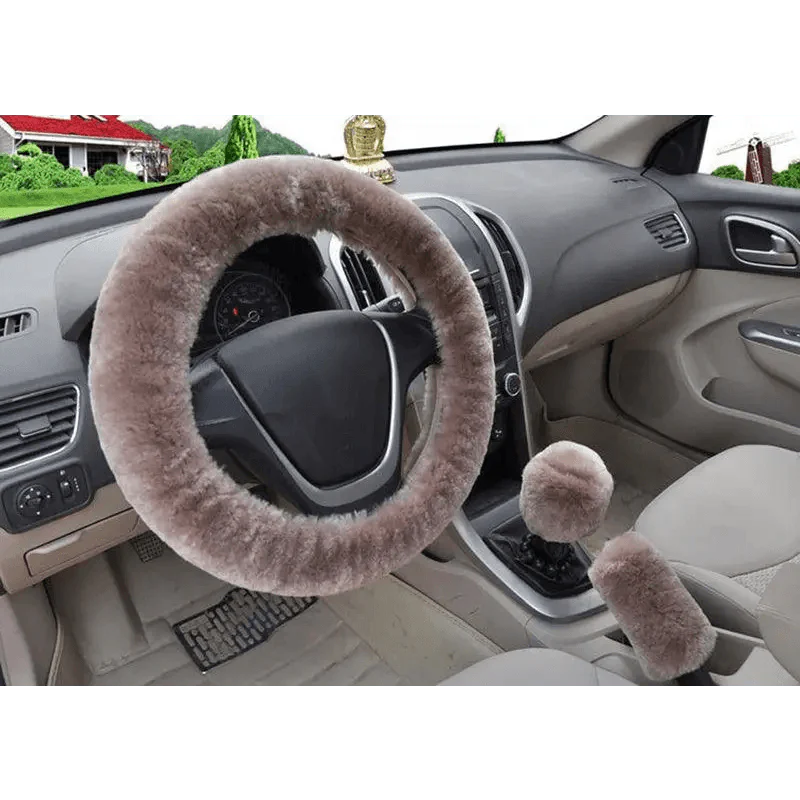 3Pcs Set Winter Fashion Wool Fur Soft Furry Car Steering Wheel Covers 16 Colors Winter Universal Hand Brake Gear Cover  Car Accessories