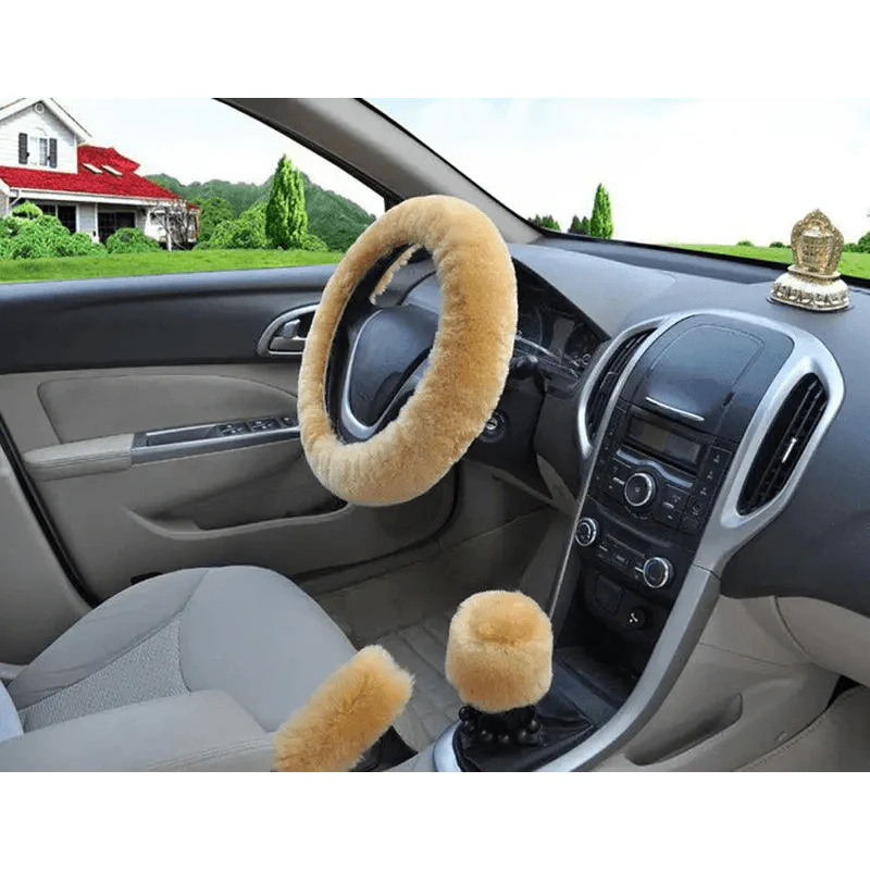 3Pcs Set Winter Fashion Wool Fur Soft Furry Car Steering Wheel Covers 16 Colors Winter Universal Hand Brake Gear Cover  Car Accessories