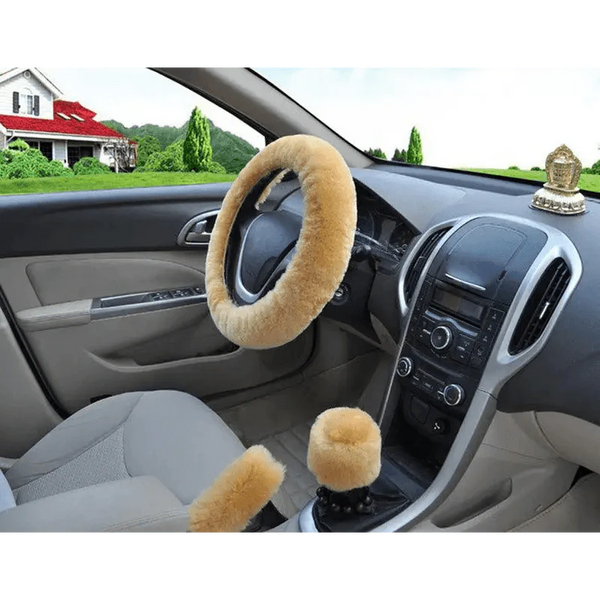 3Pcs Set Winter Fashion Wool Fur Soft Furry Car Steering Wheel Covers 16 Colors Winter Universal Hand Brake Gear Cover  Car Accessories