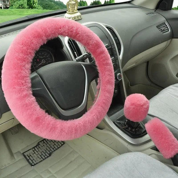 3Pcs Set Winter Fashion Wool Fur Soft Furry Car Steering Wheel Covers 16 Colors Winter Universal Hand Brake Gear Cover  Car Accessories