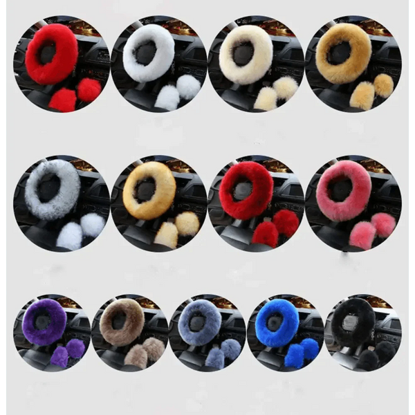 3Pcs Set Winter Fashion Wool Fur Soft Furry Car Steering Wheel Covers 16 Colors Winter Universal Hand Brake Gear Cover  Car Accessories