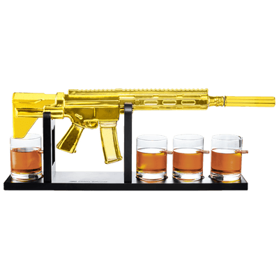 AR15 Gold Whiskey Decanter Set with 4 Bullet Whiskey Glasses - The Wine Savant, Gift for Fathers, Uncles, Sons - Veteran Gifts, Military Gift, Home Bar Gift, Father's Day